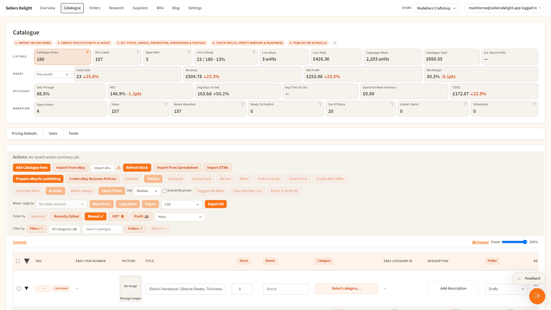 Sellers Delight Catalogue workspace showing 180 listings with stock, margin, and eBay status columns