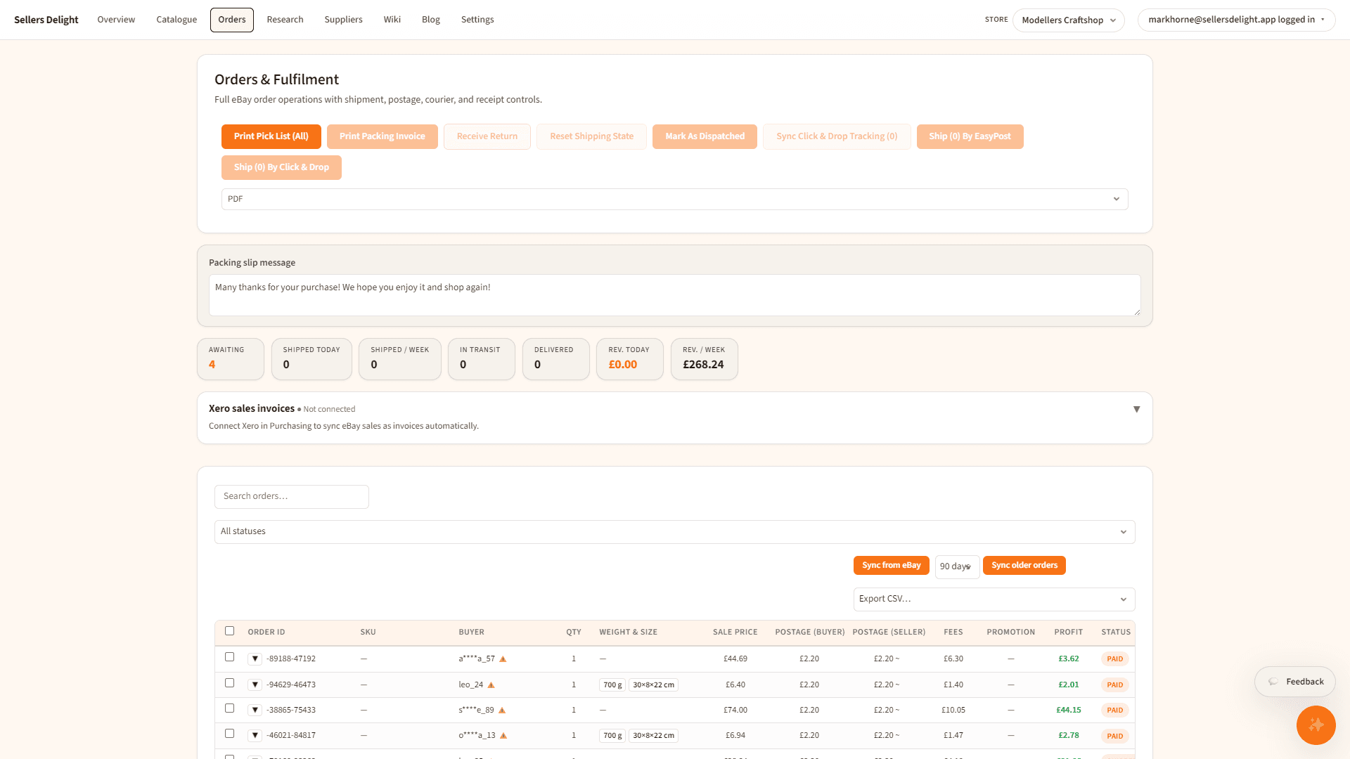 Sellers Delight Orders page listing recent sales with fees, postage, and profit per order