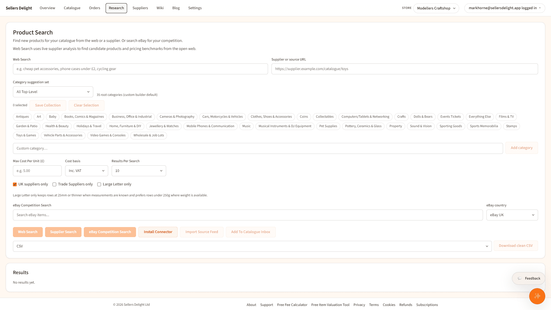 Sellers Delight Research page for finding new products and suppliers