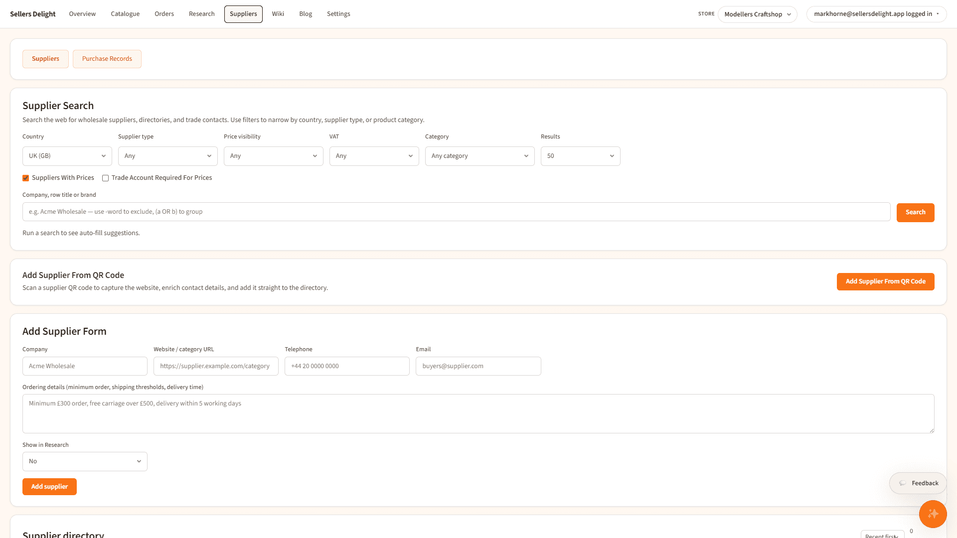 Sellers Delight Suppliers page with supplier search and directory tools