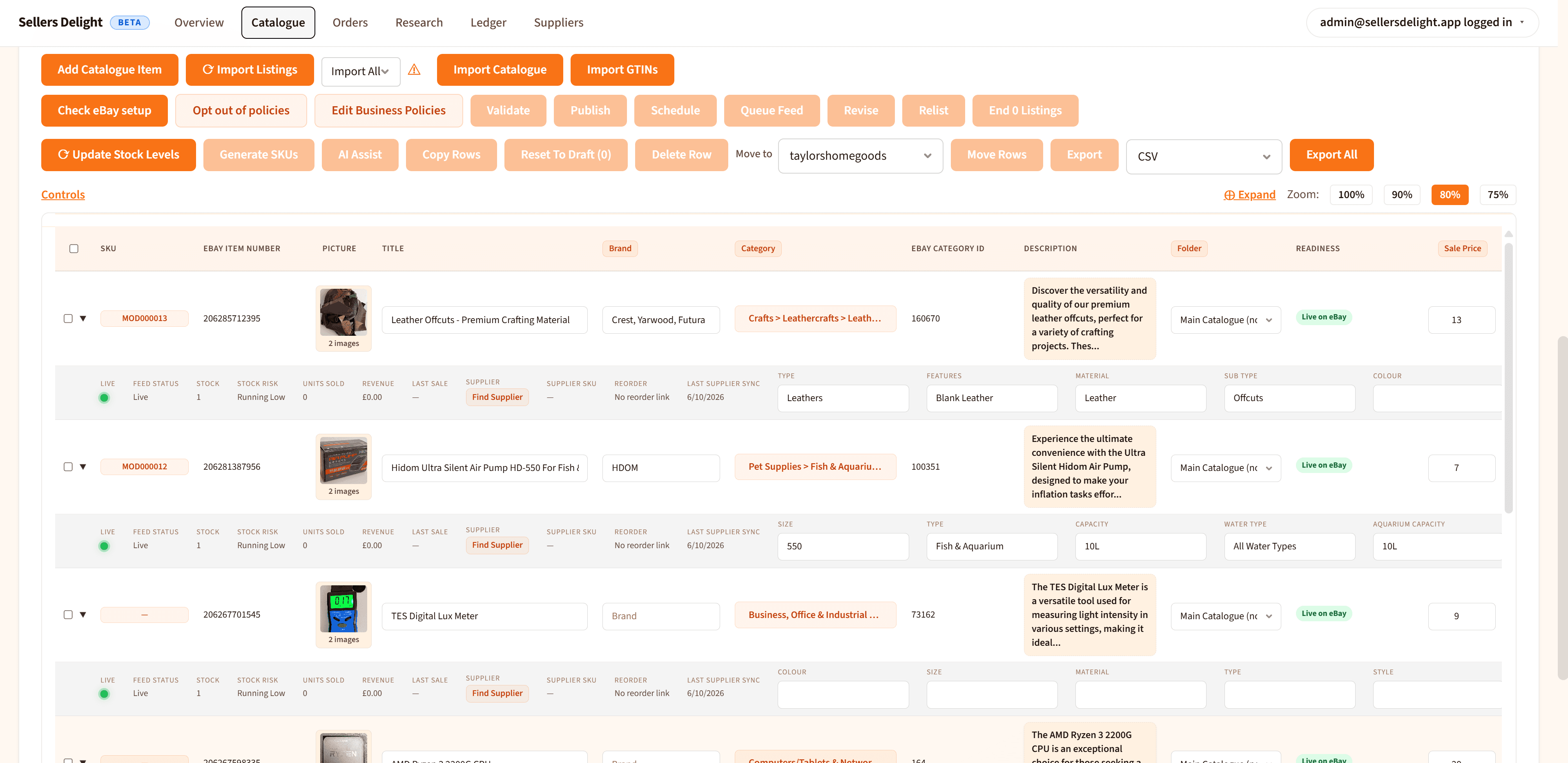 Sellers Delight Catalogue workspace showing product listings with status, margin data, and action tools